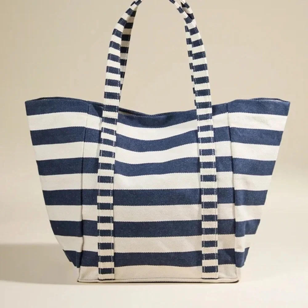 Altar’d State Striped Navy and White Canvas Tote Bag‎